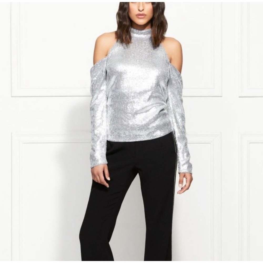 Rachel Zoe‎ Silver Sequin Cold Shoulder High Neck Long Sleeve Top NWT Size 0